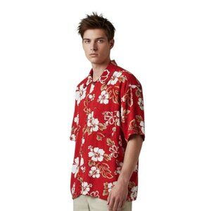 Vintage Merana Mens Red Floral Hibiscus Button Down Hawaiian Shirt Large L
